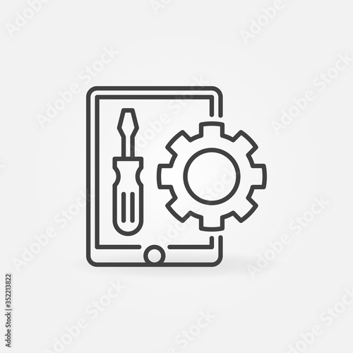 Tablet with Screwdriver and Gear outline vector concept icon or sign