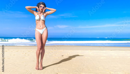 Woman swimsuit on beach.