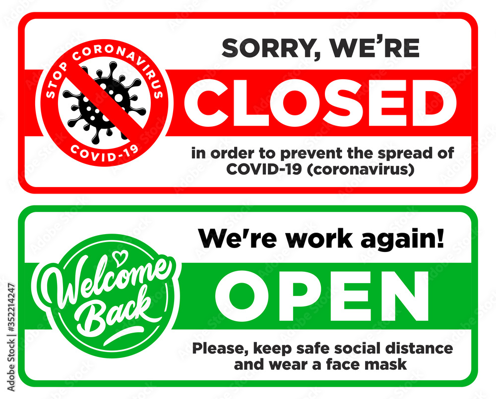 Open and Closed signs on the front door of a store or office. Design information building facade, vector Open and Closed signs on the front door of a store or office. Design information building facade, vector