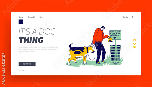 Care of Environment Landing Page Template. Male Character Cleanup after Dog Remove Shit from Ground Throw Out Plastic Bag with Crap into Litter Bin with Restriction Banner. Linear Vector Illustration