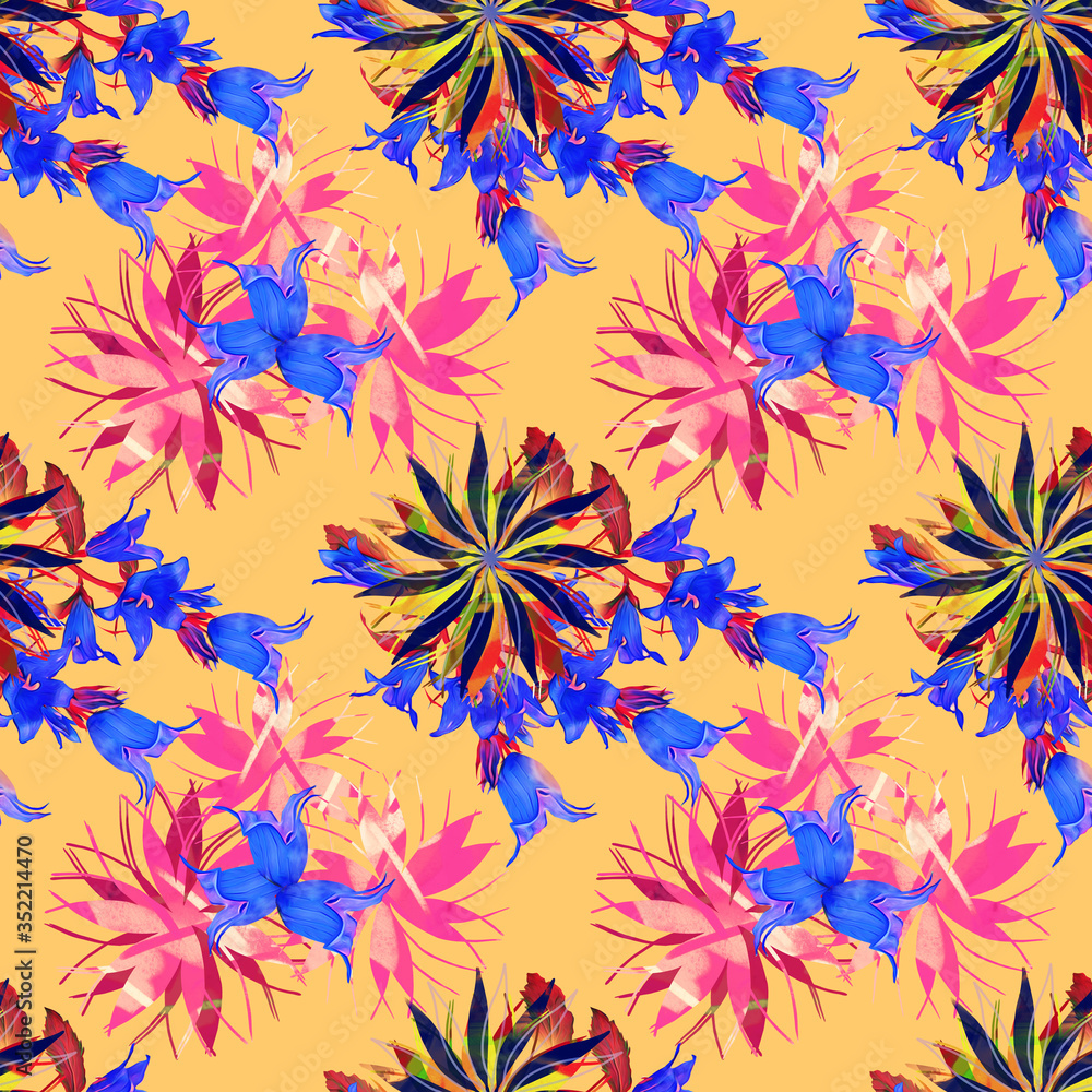 Fototapeta premium Bell flowers on abstract background, seamless pattern.