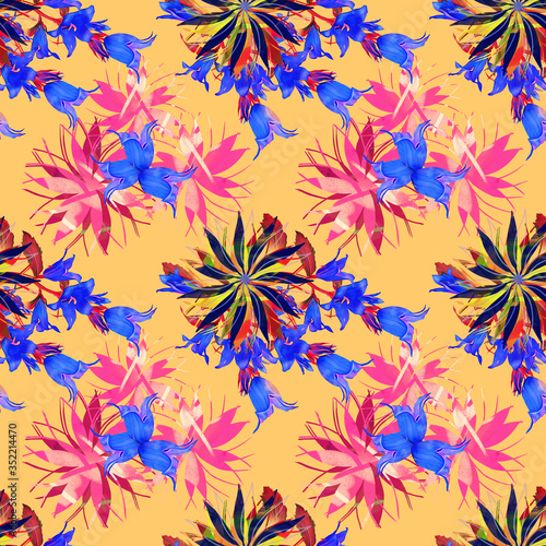 Bell flowers on abstract background, seamless pattern.