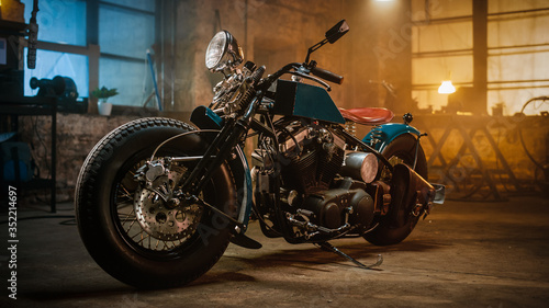 Photography Custom Bobber Motorbike Standing in an Authentic Creative Workshop