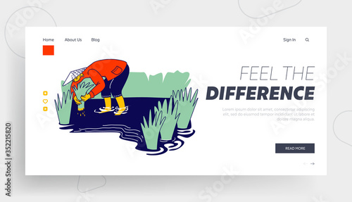 Workers in Thai or China Working on Field in Rainy Season Landing Page Template. Chinese or Thailand Farmer Characters Soaked with Water Grow and Collecting Rice for Sell. Linear Vector Illustration