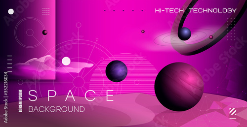 Abstract space background with the image of the planets, geometric shapes background. Futuristic space, modern bright background.
