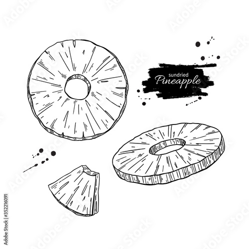 Dried pineapple chips vector drawing. Hand drawn dehydrated fruit ring and slices.
