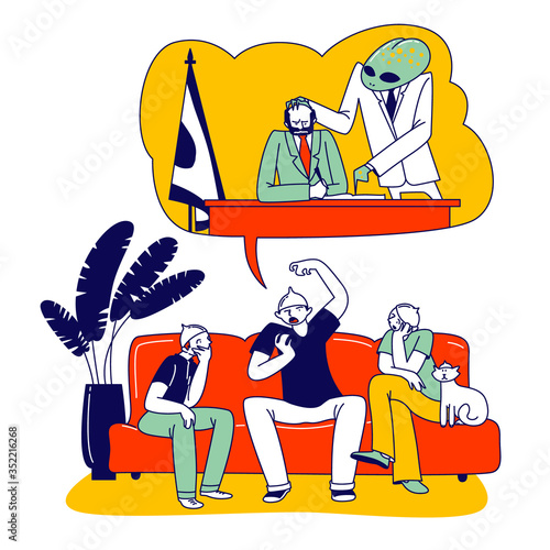 Group of Friends Characters in Foil Hats on Heads Discussing Conspiracy Theories. Reptiloid Read Mind and Controlling President Thoughts Force him to Write Documents. Linear People Vector Illustration