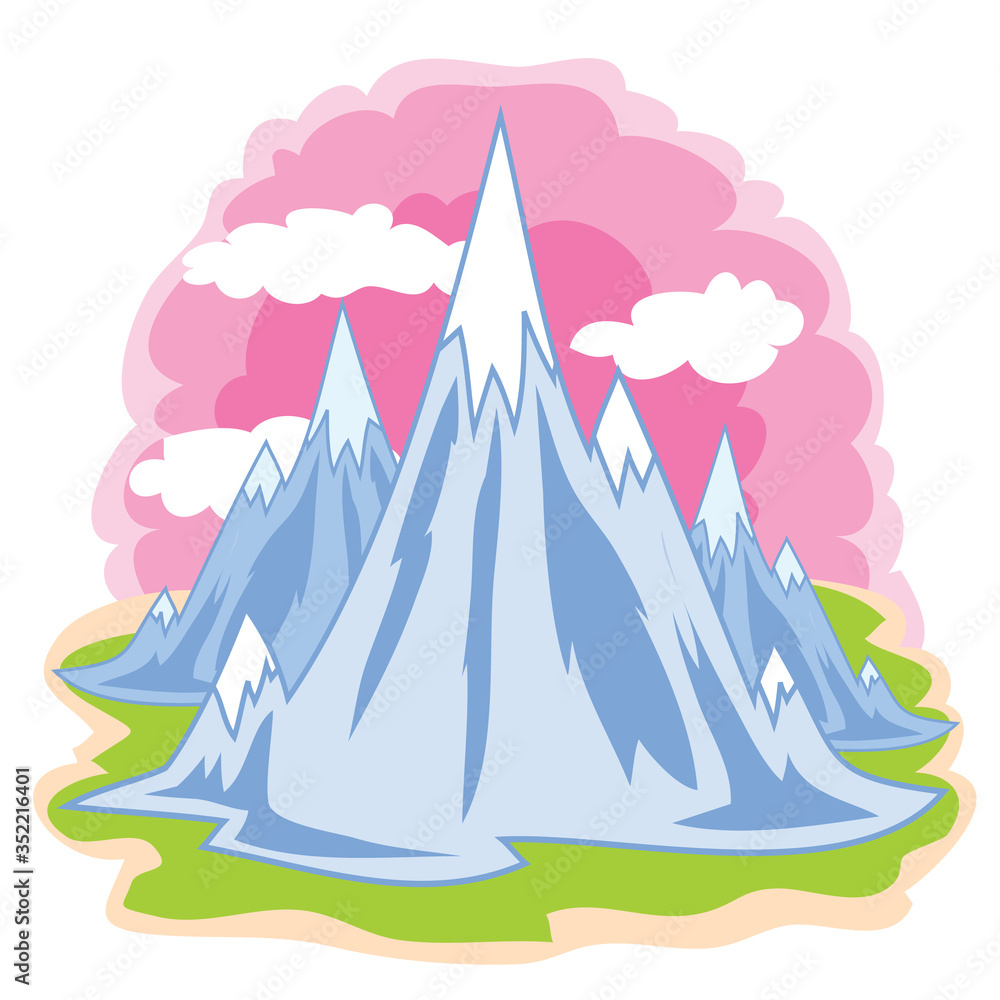 illustration for the cartoon, blue mountains with snow caps on the top against a pink sky, isolated object on a white background, vector illustration,