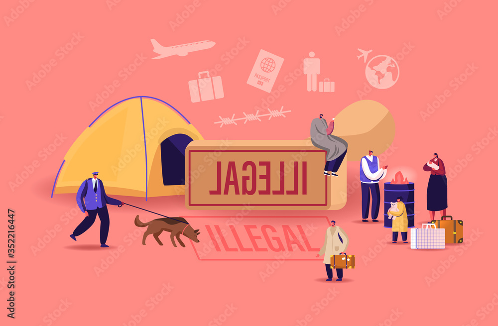 Problem of Illegal Immigration Concept. Male, Female and Little Children Characters Crossing Border, Immigration Control Service Searching Refugees Living on Street. Cartoon People Vector Illustration Problem of Illegal Immigration Concept. Male, Female and Little Children Characters Crossing Border, Immigration Control Service Searching Refugees Living on Street. Cartoon People Vector Illustration