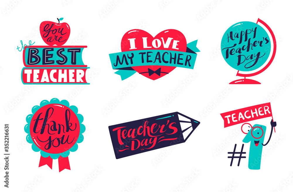 Naklejka Icons Set for Happy Teachers Day Celebration with Decorative Elements Heart, Globe and Seal Stamp, Pencil and Number One with Typography Isolated on White Background. Cartoon Vector Illustration, Tags