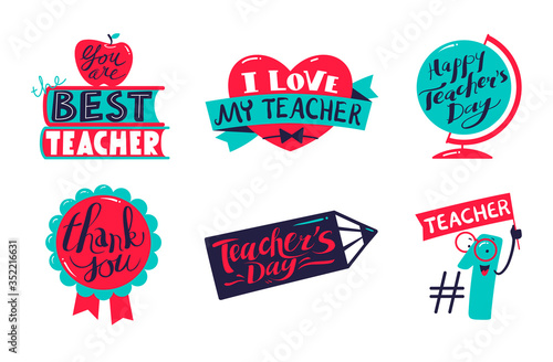 Icons Set for Happy Teachers Day Celebration with Decorative Elements Heart, Globe and Seal Stamp, Pencil and Number One with Typography Isolated on White Background. Cartoon Vector Illustration, Tags