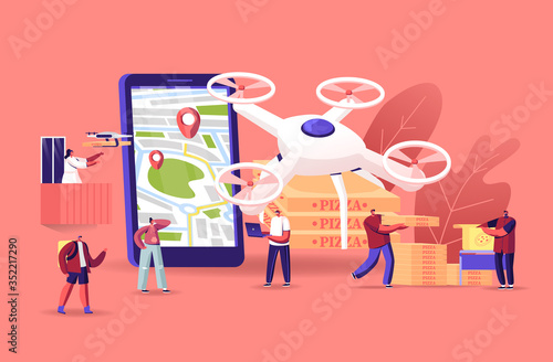 People Using Drones for Food Delivery. Quadcopters Bringing Pizza to Male and female Characters. Aerial Drone Remote Control, Futuristic Service Technologies, Lockdown. Cartoon Vector Illustration