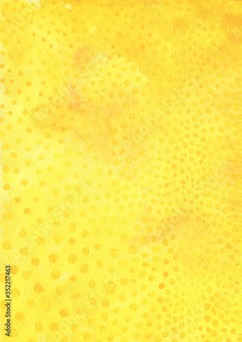Yellow background with a rectangular pattern and watercolor texture. Hand drawn fill. Designer colored paper with orange drops. Decorative design