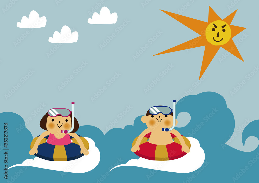 Plakat 海水浴のイメージ。 泳ぐ子供。海で泳ぐ男の子と女の子。