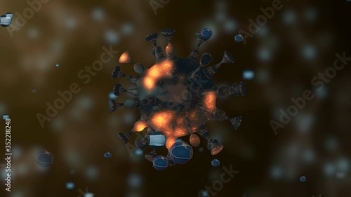 Virus cells flowing and glimming over dark abstract background. photo