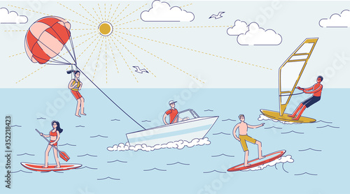 Summer water activities. People in water surfing, on sup board, parasailing and windsurfing