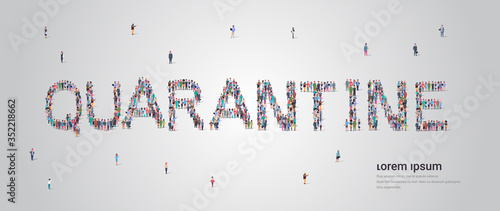 people crowd forming quarantine lettering text coronavirus pandemic covid-19 epidemic concept different occupation employees standing together full length copy space horizontal vector illustration