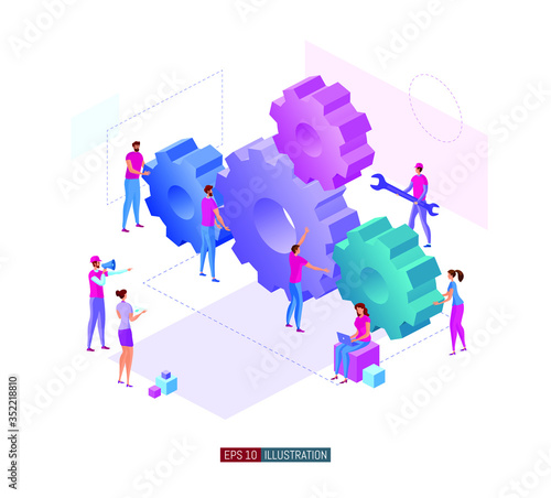 Trendy flat illustration. Office workers planing business mechanism, analyze business strategy and exchange ideas. Gear wheels. Teamwork concept. Template for your design works. Vector graphics.
