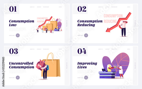 Saving Money Expenses Landing Page Template Set. Tiny Customer Characters Shift Basket of Goods and Services Consumed from Higher-emitting to Lower-emitting Items. Cartoon People Vector Illustration