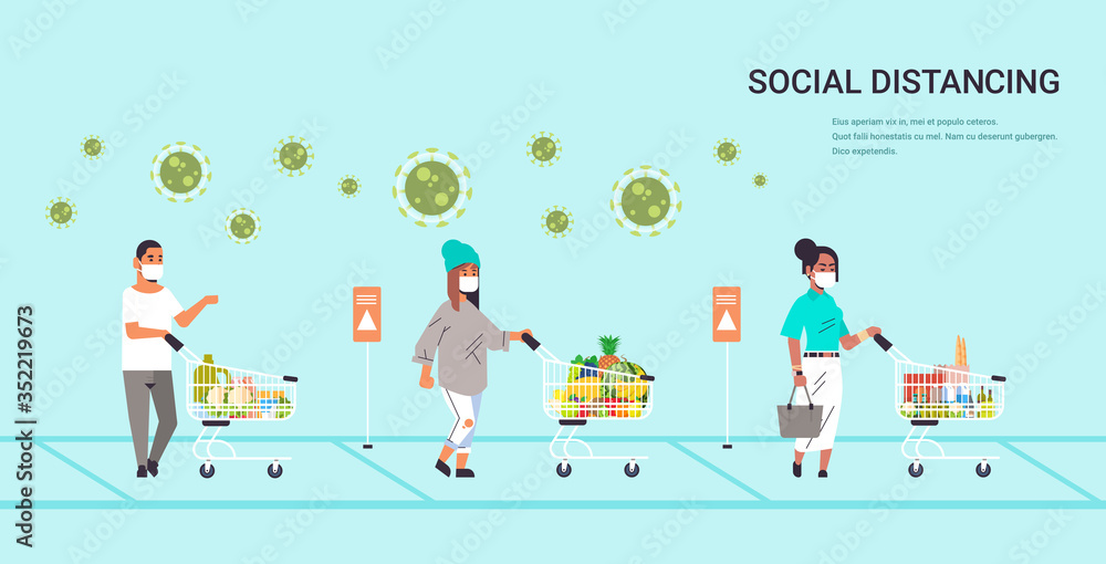 customers in protective masks with groceries keeping distance to prevent coronavirus pandemic outbreak influenza epidemic disease spread horizontal full length copy space vector illustration customers in protective masks with groceries keeping distance to prevent coronavirus pandemic outbreak influenza epidemic disease spread horizontal full length copy space vector illustration