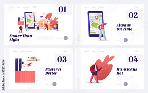 People Use Drones for Food Delivery Landing Page Template Set. Quadcopter Bring Pizza to Characters. Aerial Drone Remote Control, Futuristic Service Technology, Lockdown. Cartoon Vector Illustration