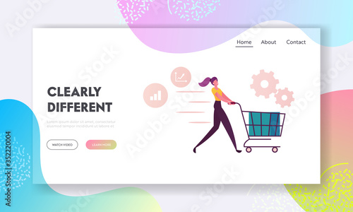 Sales Offer in Mall Shop Promotion Landing Page Template. Female Character Driving Shopping Trolley with Growing Charts Icons and Cogwheels. Shopping, Brand Awareness. Cartoon Vector Illustration