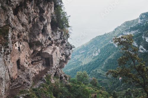 Antique house in the rock. Path of the Gods (Sentiero degli Dei) Trekking route from Agerola to Nocelle, Campania, Italy