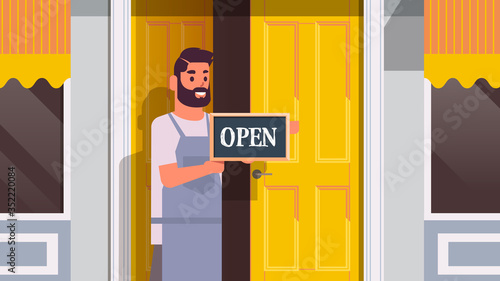 waiter holding welcome we are open sign coronavirus quarantine is ending victory over covid-19 concept street cafe exterior portrait horizontal vector illustration