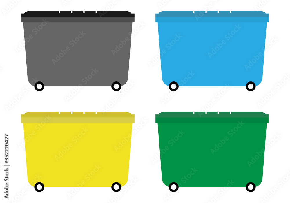 Contenedores gris, azul, amarillo y verde de basura. Contenedores gris, azul, amarillo y verde de basura.