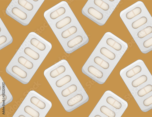 Blisters with oval beige pills seamless pattern on mustard background