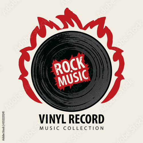 Vector banner for rock music with black vinyl record on fire and words Vinyl record, Music collection. Suitable for poster, placard, flyer, brochure, card, invitation, icon or logo