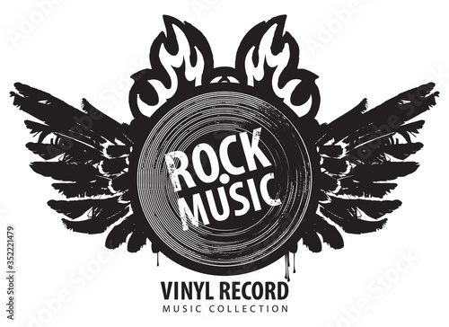 Vector music banner with a winged vinyl record on fire. Black and white illustration with the words Rock music, Vinyl record, Music collection. Suitable for poster, flyer, placard, invitation, emblem