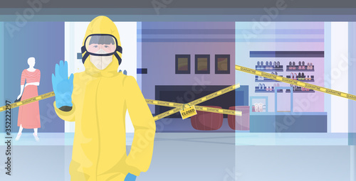 woman in hazmat suit showing stop gesture empty shopping mall with yellow tape coronavirus pandemic quarantine covid-19 concept fashion clothes shop interior horizontal vector illustration