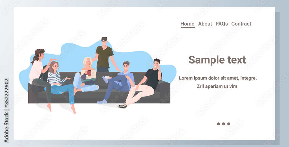 group of happy friends spending time together men women sitting on sofa having fun communication friendship concept horizontal full length isolated copy space vector illustration