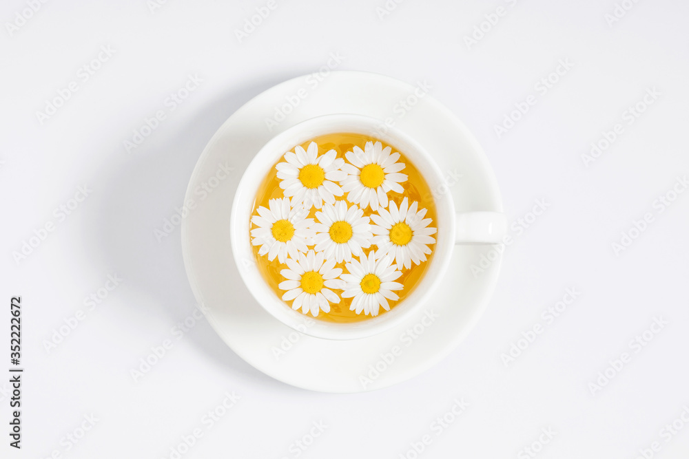 Tea cup with daisies on white background. Herbal tea of chamomile flower. Chamomile tea concept. Flat lay, top view, copy space Tea cup with daisies on white background. Herbal tea of chamomile flower. Chamomile tea concept. Flat lay, top view, copy space