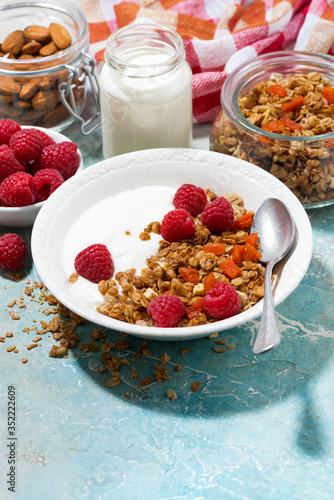 homemade granola with dried apricots, raspberries and yogurt for breakfast, vertical