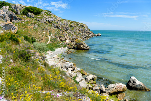 rocky sea coast, wild flowers, big stones, blue sky, blue sea, Sunny weather