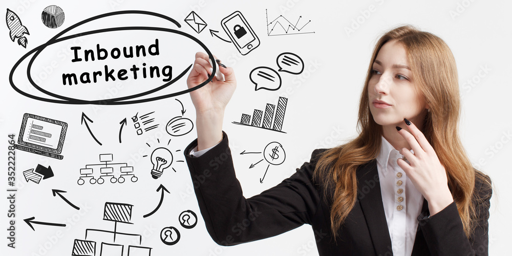 Business, technology, internet and network concept. Young businessman thinks over ideas to become successful: Inbound marketing Business, technology, internet and network concept. Young businessman thinks over ideas to become successful: Inbound marketing