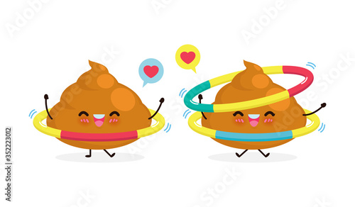 happy poop couple doing exercises with hula hoop, healthy and fitness, Cute cartoon Funny cartoon character sport concept isolated on white background vector illustration