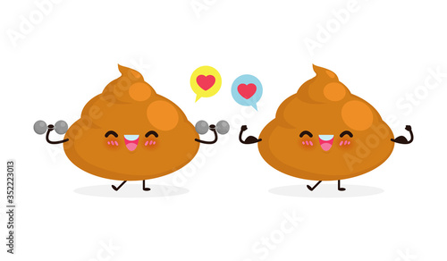 Cute happy strong poop doing exercises with dumbbells and poo show muscle, healthy and fitness, Funny cartoon character sport concept isolated on white background vector illustration
