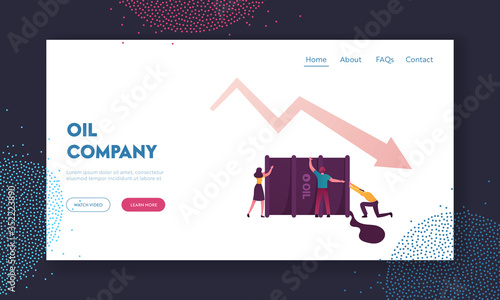 Global Worldwide Finance Crisis, Oil War Landing Page Template. Tiny Characters Trying to Pick Up Huge Barrel with Pouring Oil and Falling Arrow. Earth Pollution. Cartoon People Vector Illustration