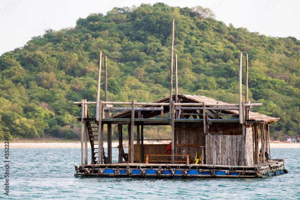 Floating raft house in the sea. Marine attractions Floating raft house in the sea. Marine attractions