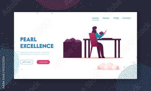 Cultivating Molluscs and Making Jewelry for Sell in Store Landing Page Template. Woman with Tweezers in Hand Take Pearls Out of Shells. Female Character Work on Pearl Farm. Cartoon Vector Illustration