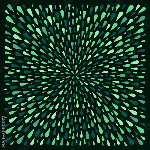 Dark forest green, emerald square shape, radial pattern made of uneven drops, droplets of various size, splash, spray, splatter. Eco, vegan abstract background. Template for text, borders, frames.