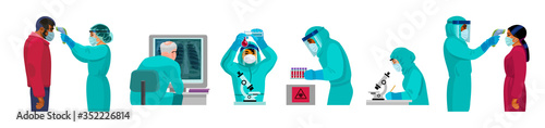 Set of doctors in protective suits working in laboratory. Vector.