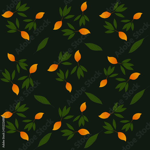 Seamless pattern of yellow mango fruit with leaves on a dark green background. Contrasting pattern of yellow fruit and dark background