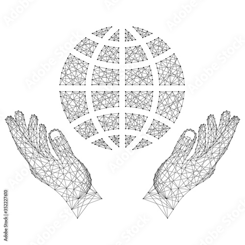 Globe, a schematic representation of the meridians and parallels and two holding, protecting hands from abstract futuristic polygonal black lines and dots. Vector illustration.