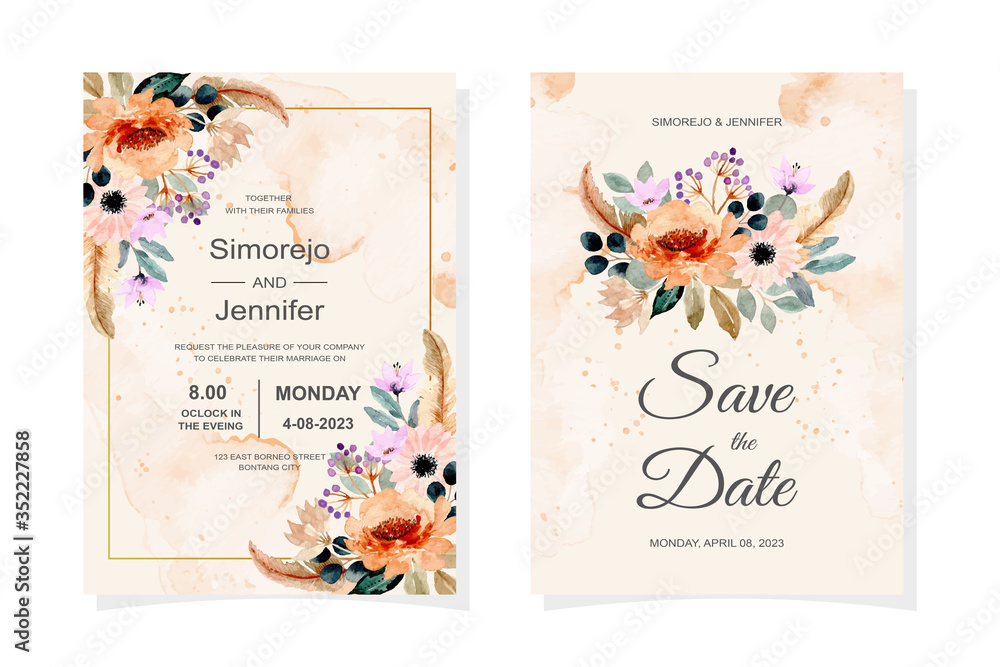  wedding invitation card with watercolor floral