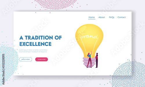 Brand Awareness, Recognition Landing Page Template. Tiny Female Characters Stand at Huge Glowing Light Bulb with Brand Inscription. Promoter and Customer, Company, Cartoon People Vector Illustration