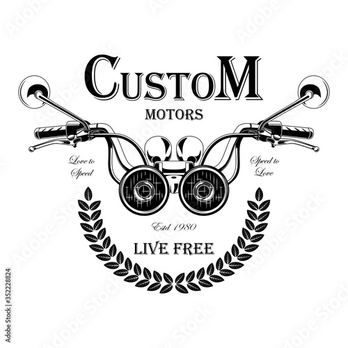 Black and white motorcycle emblem with the image of a motorcycle steering wheel. Design elements for print. Vector image on a white background.